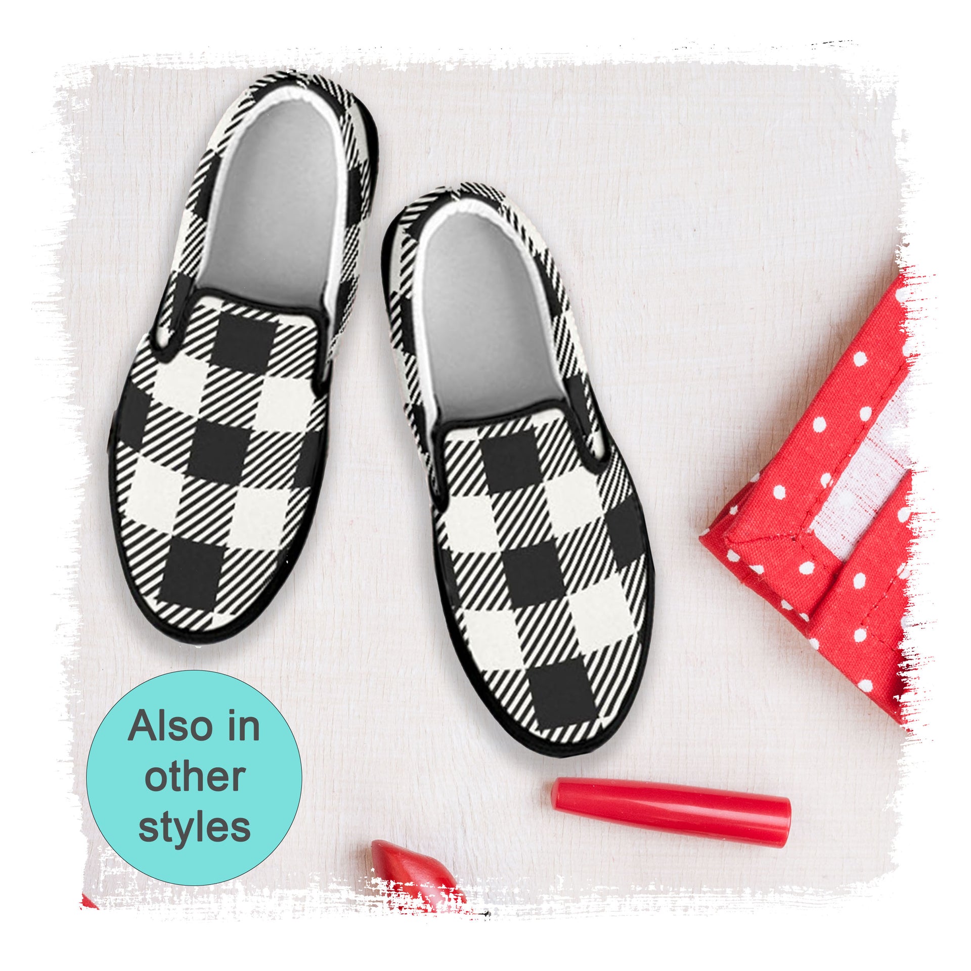 buffalo check black-white slip on shoes